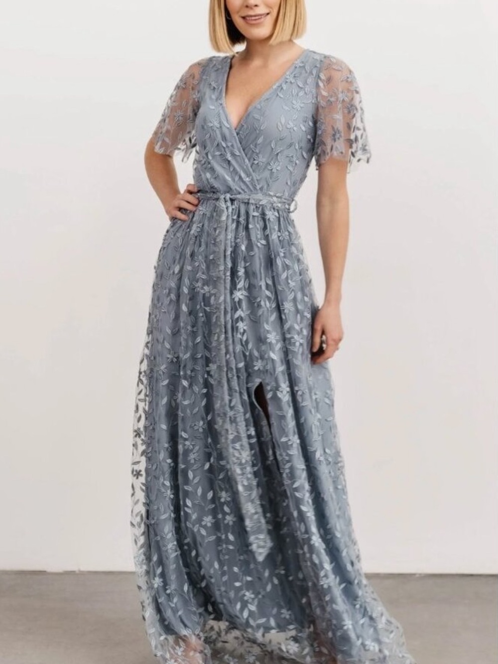 Baltic Born Dusty Blue Floral Lace Marseille Embossed Maxi Dress